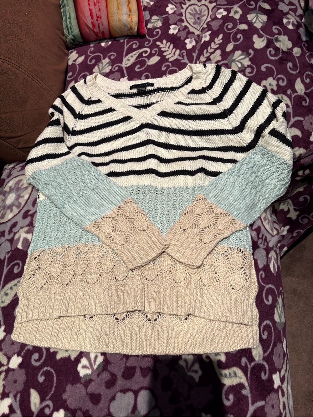 Sanctuary Striped V-Neck Sweater in Black, White, Light Blue and Beige